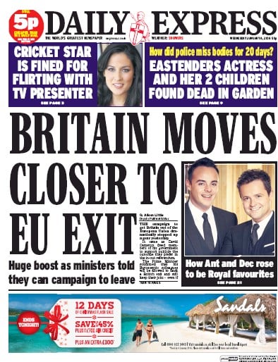 Daily Express (UK) Newspaper Front Page for 6 January 2016