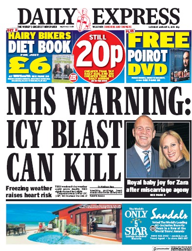 Daily Express Newspaper Front Page for 6 January 2018