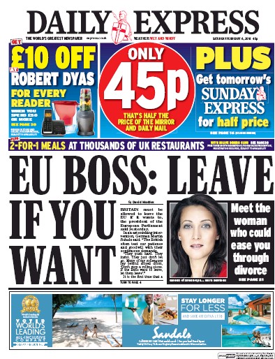 Daily Express (UK) Newspaper Front Page for 6 February 2016