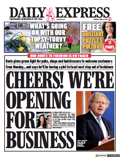 Daily Express (UK) Newspaper Front Page for 6 April 2021