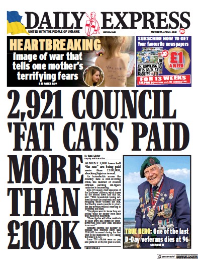Daily Express Newspaper Front Page for 6 April 2022