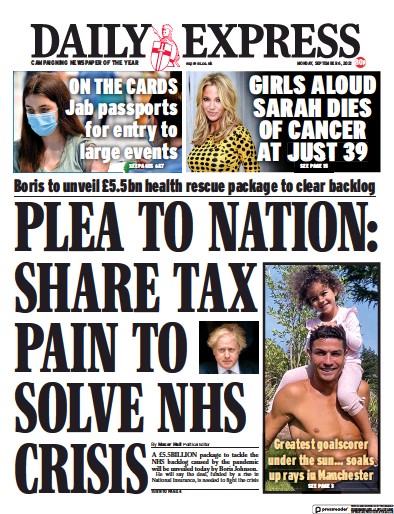 Daily Express (UK) Newspaper Front Page for 6 September 2021