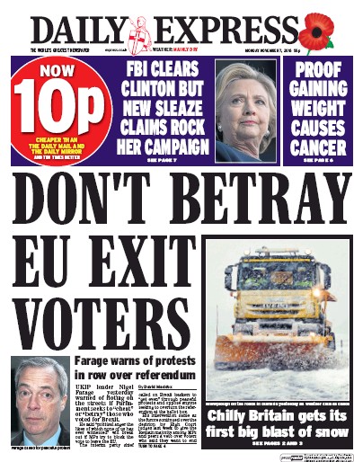 Daily Express Newspaper Front Page for 7 November 2016