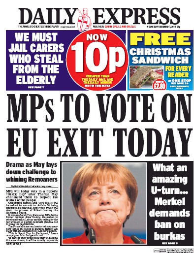 Daily Express (UK) Newspaper Front Page for 7 December 2016