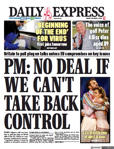Daily Express Newspaper Front Page for 7 December 2020