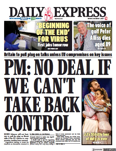 Daily Express (UK) Newspaper Front Page for 7 December 2020