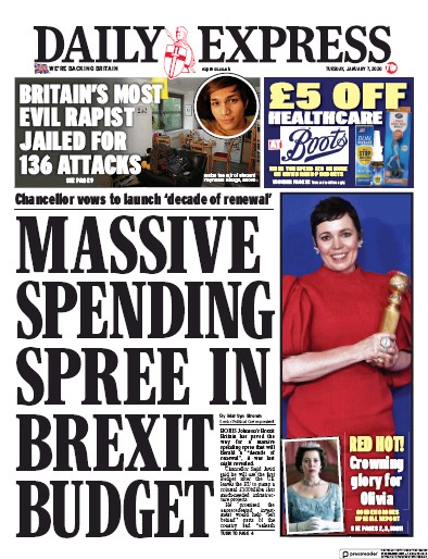 Daily Express (UK) Newspaper Front Page for 7 January 2020
