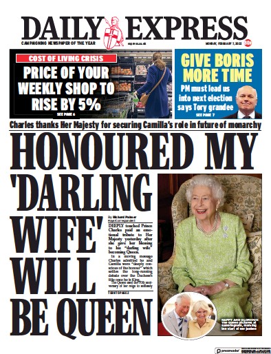 Daily Express Newspaper Front Page for 7 February 2022