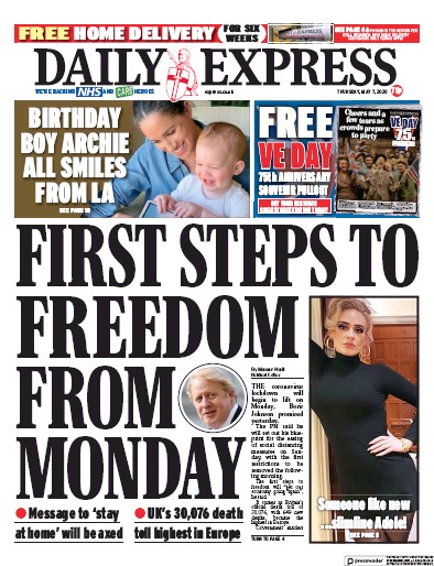 Daily Express Newspaper Front Page for 7 May 2020