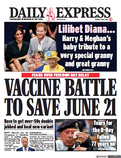 Daily Express (UK) Newspaper Front Page for 7 June 2021
