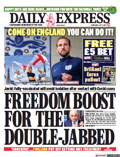 Daily Express (UK) Newspaper Front Page for 7 July 2021