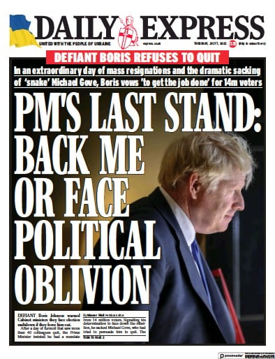 Daily Express (UK) Newspaper Front Page for 7 July 2022