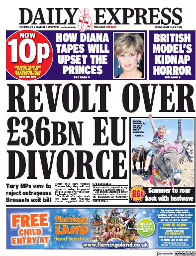 Daily Express (UK) Newspaper Front Page for 7 August 2017