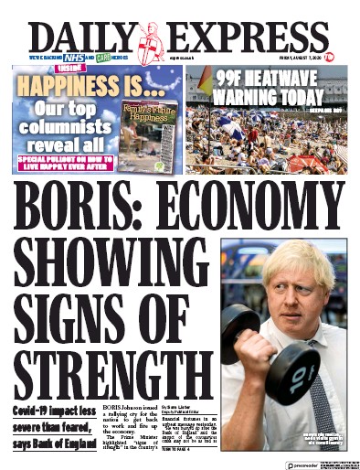 Daily Express (UK) Newspaper Front Page for 7 August 2020
