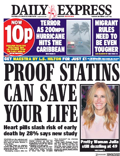 Daily Express Newspaper Front Page for 7 September 2017