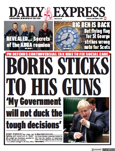 Daily Express (UK) Newspaper Front Page for 7 September 2021