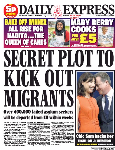 Daily Express (UK) Newspaper Front Page for 8 October 2015