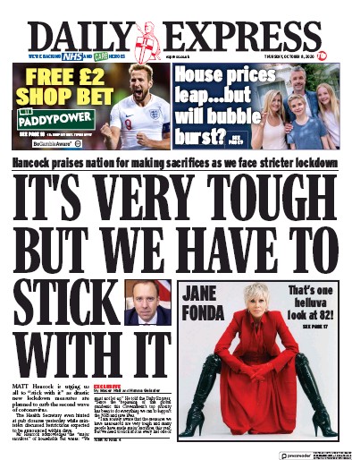 Daily Express (UK) Newspaper Front Page for 8 October 2020