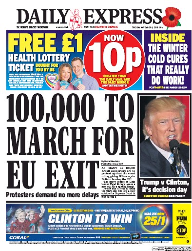 Daily Express Newspaper Front Page for 8 November 2016