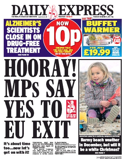 Daily Express Newspaper Front Page for 8 December 2016