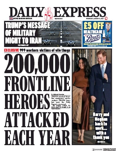Daily Express Newspaper Front Page for 8 January 2020