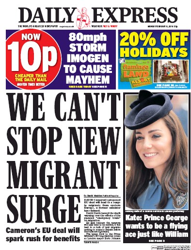 Daily Express Newspaper Front Page for 8 February 2016