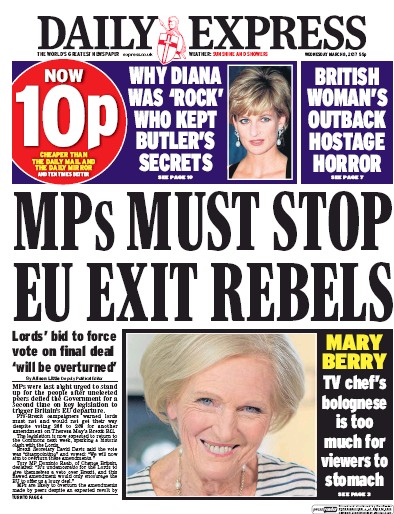 Daily Express Newspaper Front Page for 8 March 2017