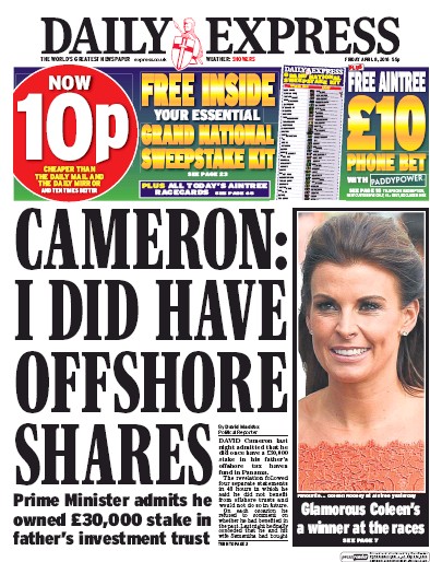 Daily Express (UK) Newspaper Front Page for 8 April 2016