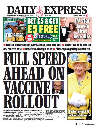 Daily Express (UK) Newspaper Front Page for 8 April 2021