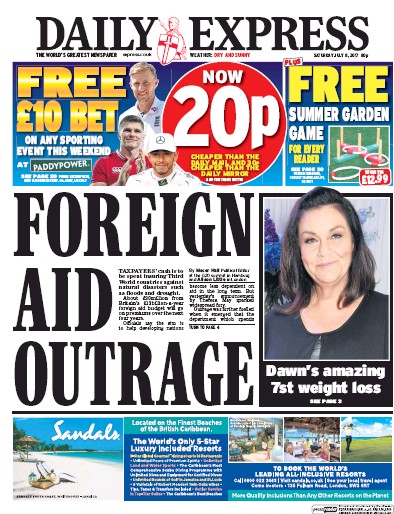 Daily Express Newspaper Front Page for 8 July 2017