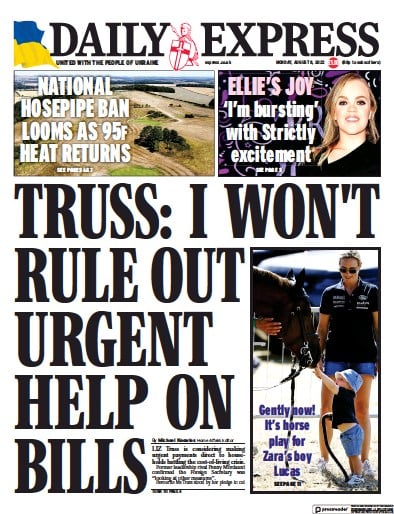 Daily Express (UK) Newspaper Front Page for 8 August 2022