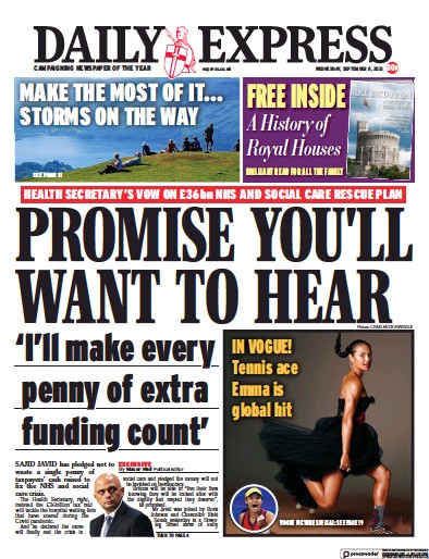 Daily Express (UK) Newspaper Front Page for 8 September 2021