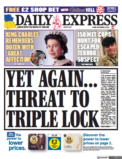 Daily Express (UK) Newspaper Front Page for 8 September 2023