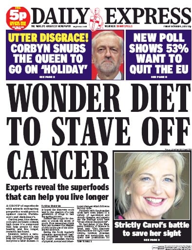 Daily Express (UK) Newspaper Front Page for 9 October 2015