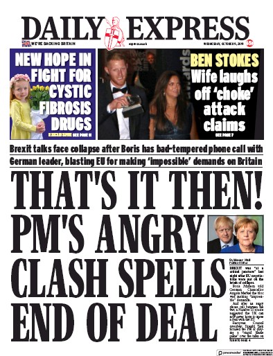 Daily Express Newspaper Front Page for 9 October 2019