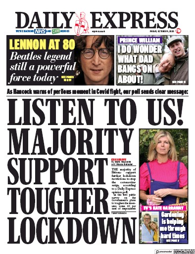 Daily Express Newspaper Front Page for 9 October 2020