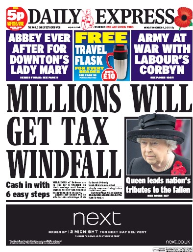 Daily Express (UK) Newspaper Front Page for 9 November 2015