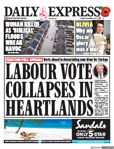 Daily Express (UK) Newspaper Front Page for 9 November 2019