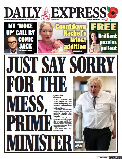 Daily Express (UK) Newspaper Front Page for 9 November 2021