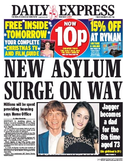 Daily Express (UK) Newspaper Front Page for 9 December 2016