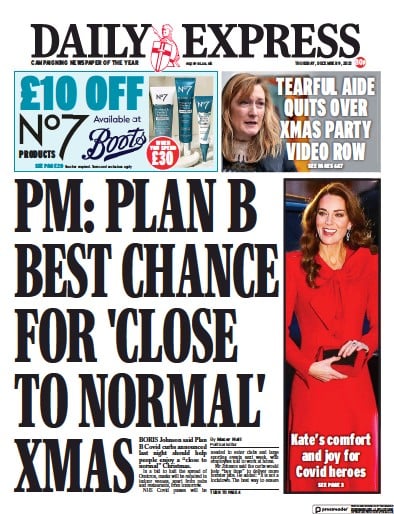 Daily Express (UK) Newspaper Front Page for 9 December 2021