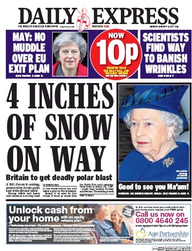 Daily Express Newspaper Front Page for 9 January 2017