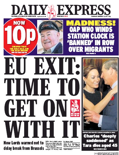 Daily Express (UK) Newspaper Front Page for 9 February 2017