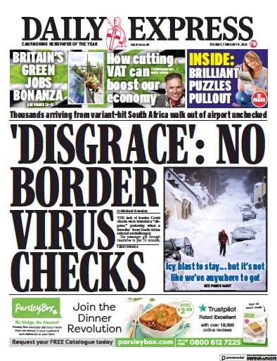 Daily Express Newspaper Front Page for 9 February 2021