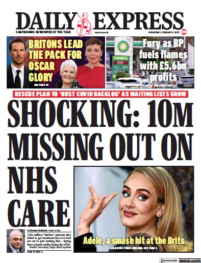 Daily Express Newspaper Front Page for 9 February 2022