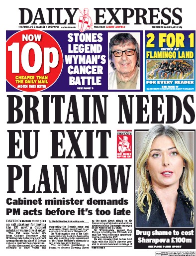 Daily Express Newspaper Front Page for 9 March 2016