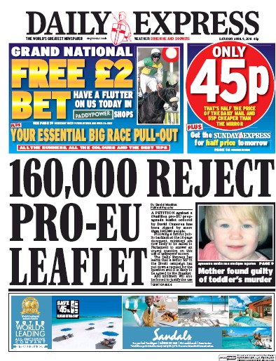 Daily Express Newspaper Front Page for 9 April 2016