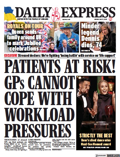 Daily Express (UK) Newspaper Front Page for 9 May 2022