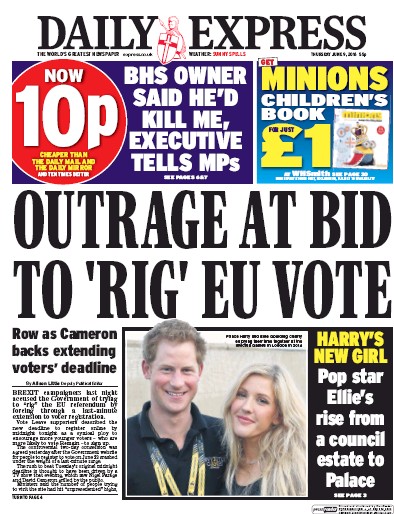 Daily Express (UK) Newspaper Front Page for 9 June 2016