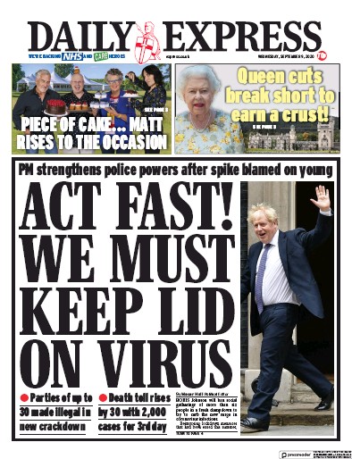 Daily Express Newspaper Front Page for 9 September 2020